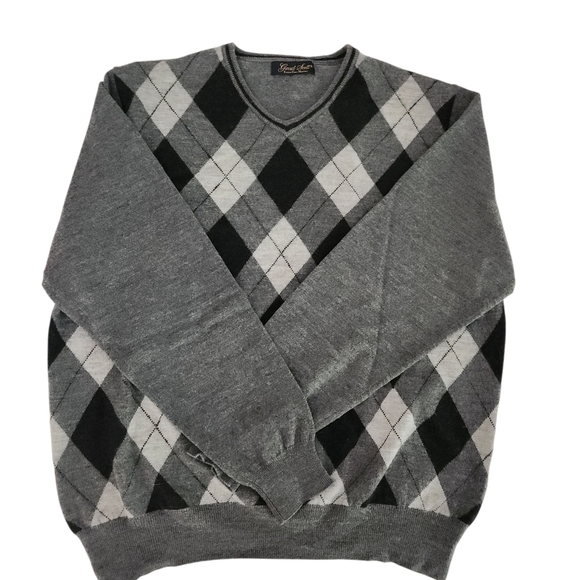GARRET SCOTT 100% extra-fine merino wool argyle v-neck sweater small - Picture 4 of 11